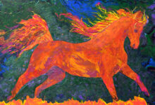 The Fire Horse. Acrylic with metallic paints, using the pour method, and plastic knives.