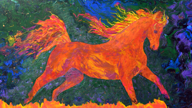 The Fire Horse. Acrylic with metallic paints, using the pour method, and plastic knives.